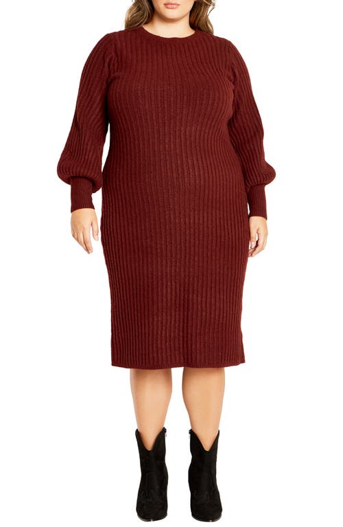 City Chic Saskia Long Sleeve Rib Sweater Dress In Merlot