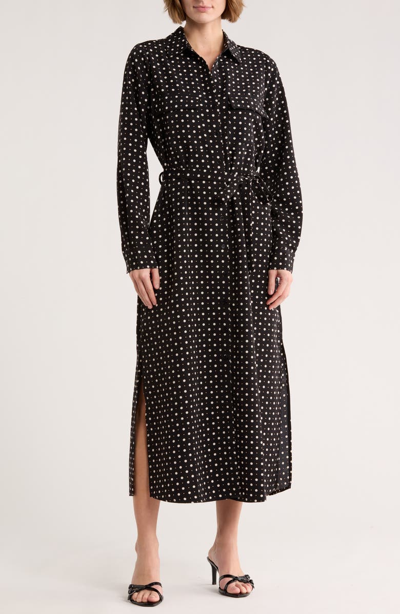 NORDSTROM RACK Tie Waist Shirtdress, Main, color, Black- Ivory French Dot