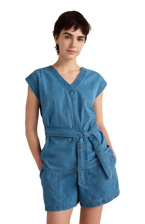 Organic Cotton Denim V-Neck Belted Top