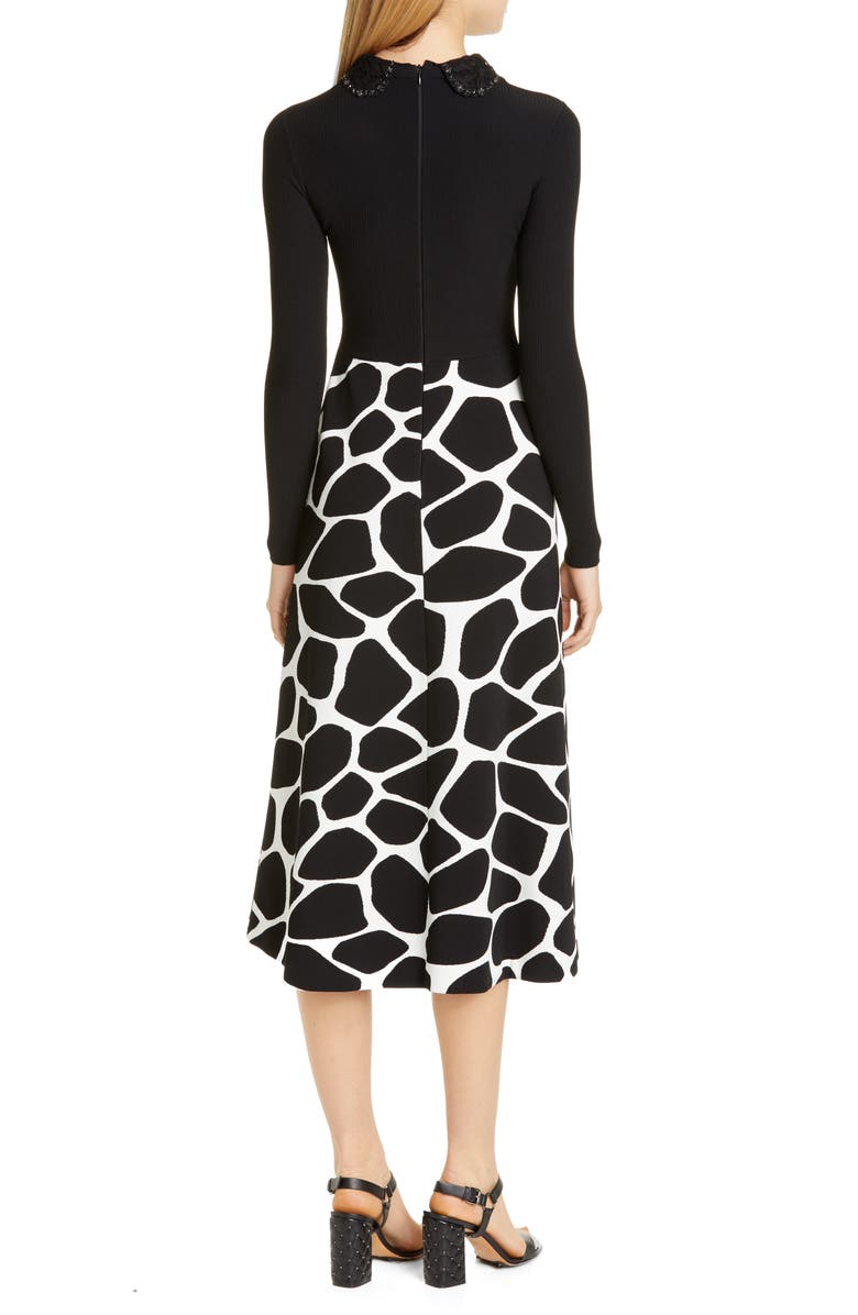 Valentino Contrast Bodice Giraffe Print Long Sleeve Midi Dress, Alternate, color, 