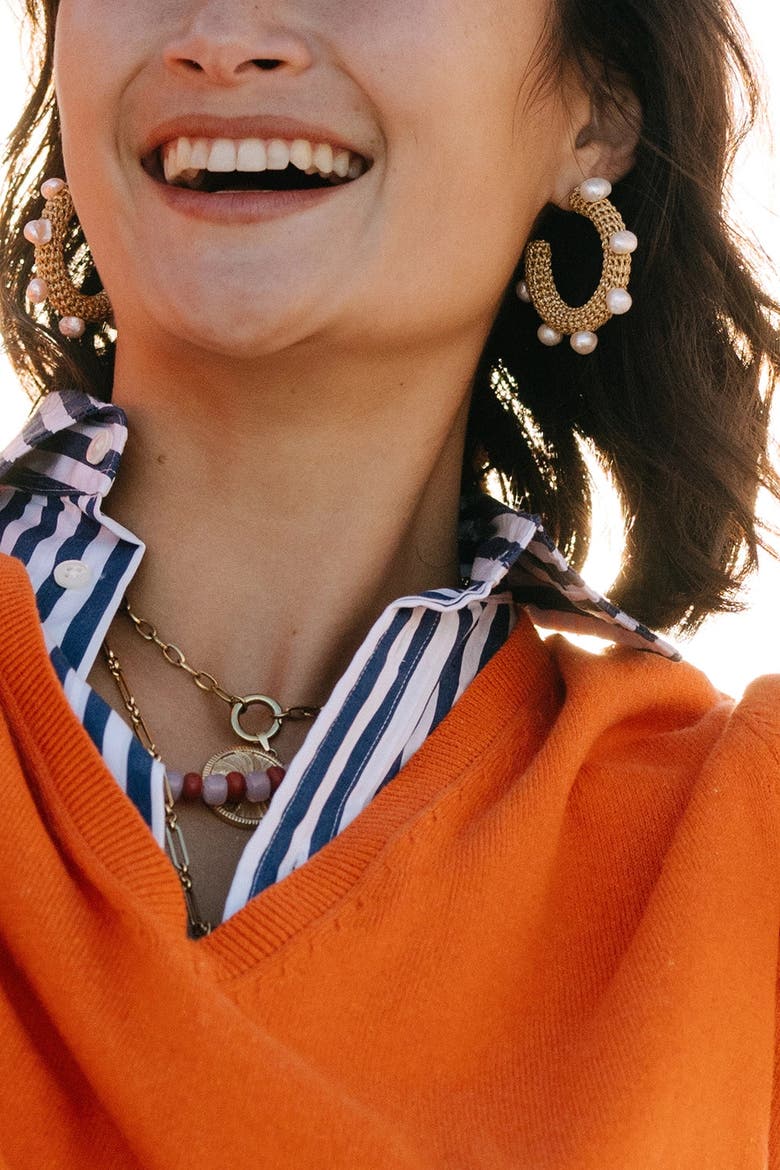 Golden Crochet Pearl Hoops, Alternate, color, Gold