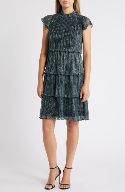 Crinkle Tiered Metallic Flutter Sleeve Dress
