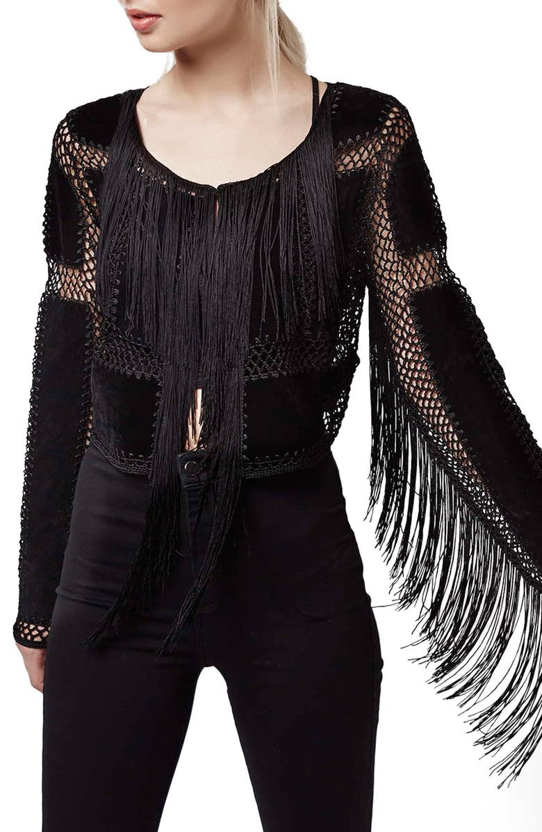 Topshop Fringe Openwork Faux Suede Top, Main, color, 