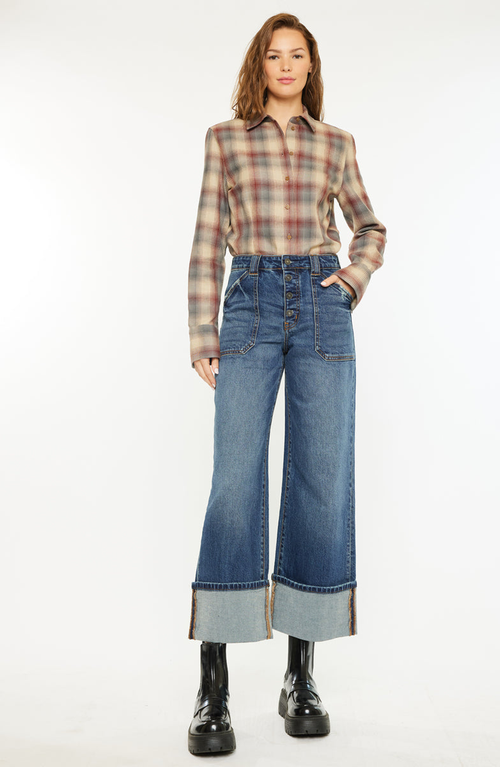 Kancan Beanie High Rise Ankle Wide Leg Jeans In Dark Wash