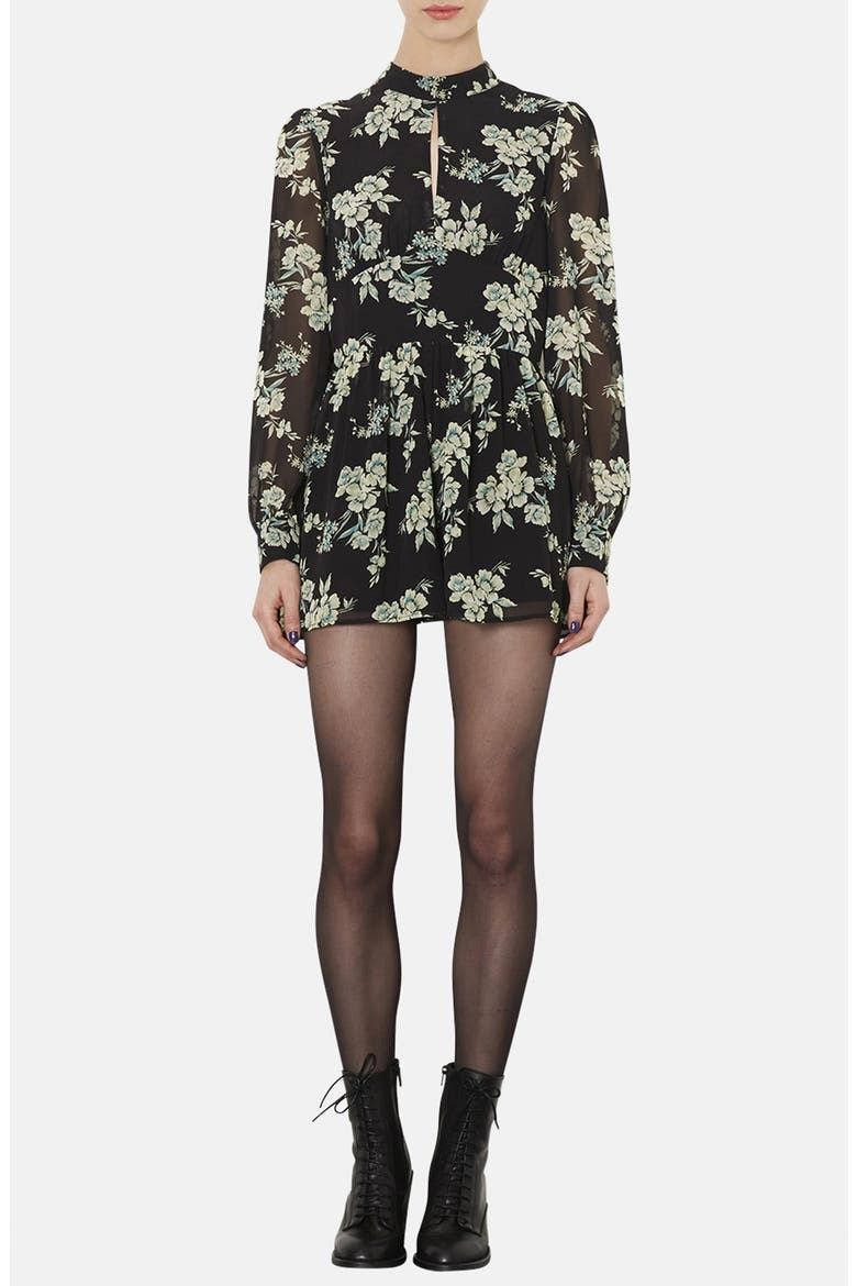 Floral Print Long Sleeve Romper, Main, color, BLACK