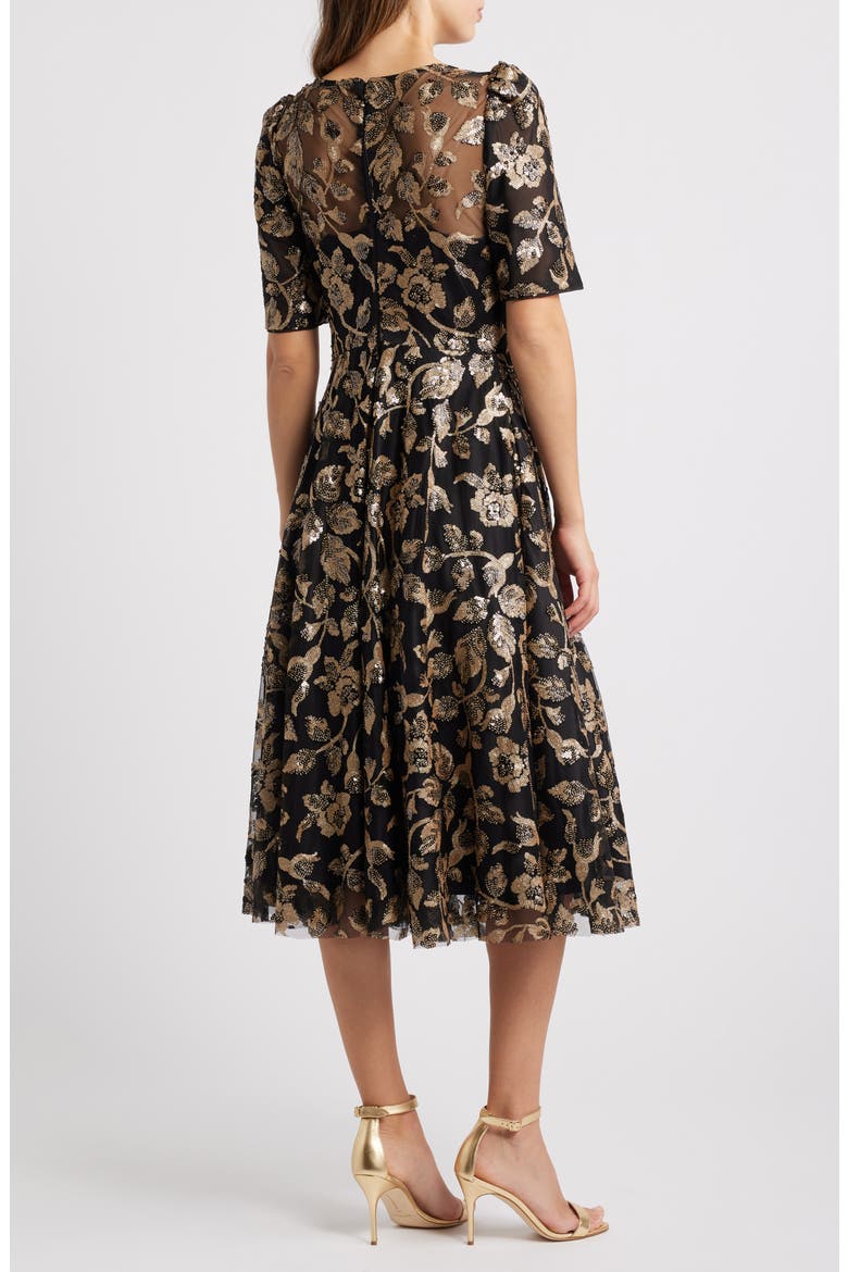 Elbow Sleeve Midi Dress, Alternate, color, BLACK GOLD