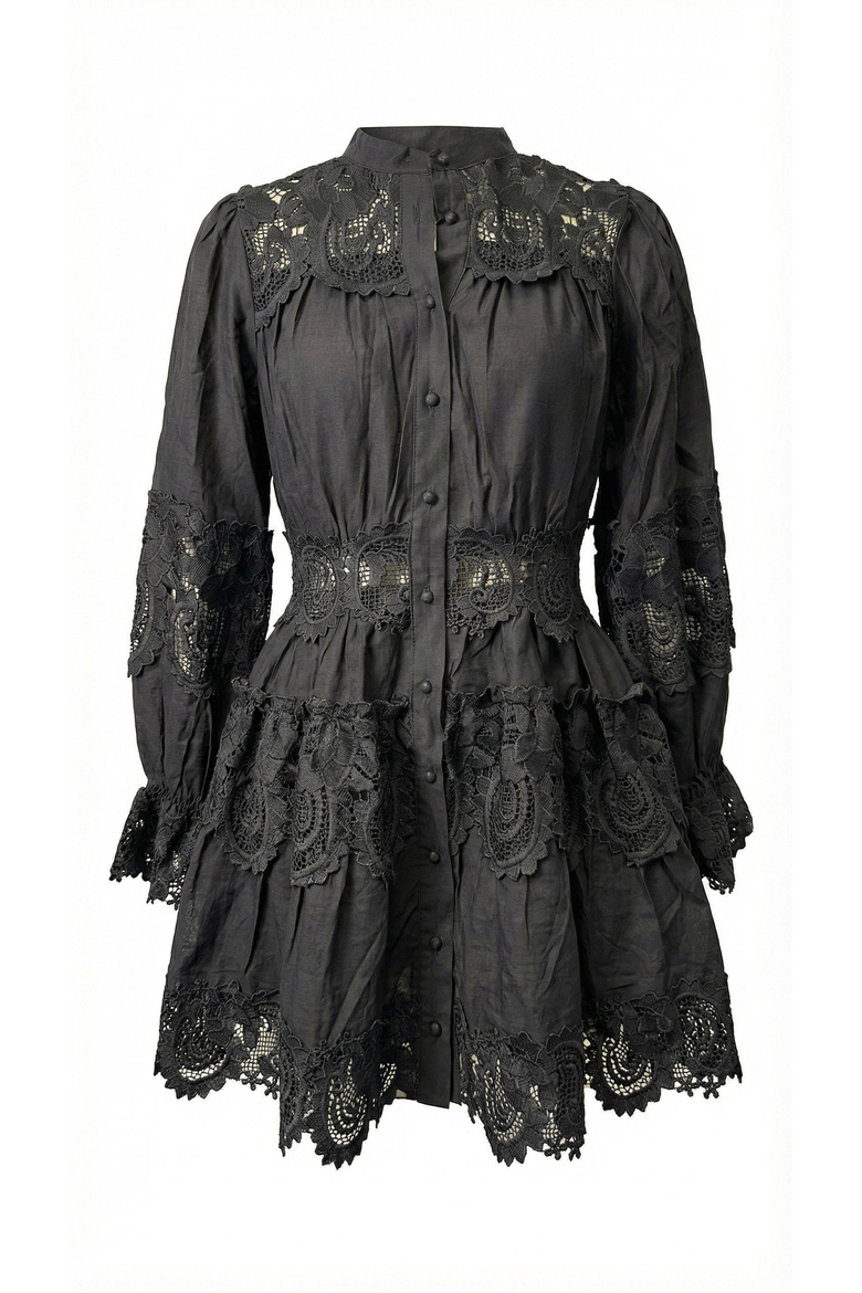 Lace Trim Button Front Mini Dress, Alternate, color, Charcoal Grey