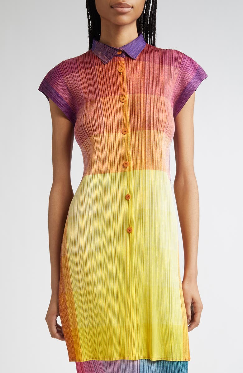 Pleats Please Issey Miyake Photon Print Pleated Shirtdress, Main, color, Yellow