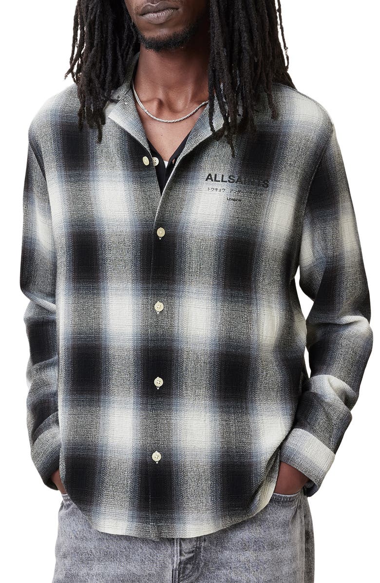 AllSaints Underfade Cotton Blend Flannel Button-Up Shirt, Main, color, 