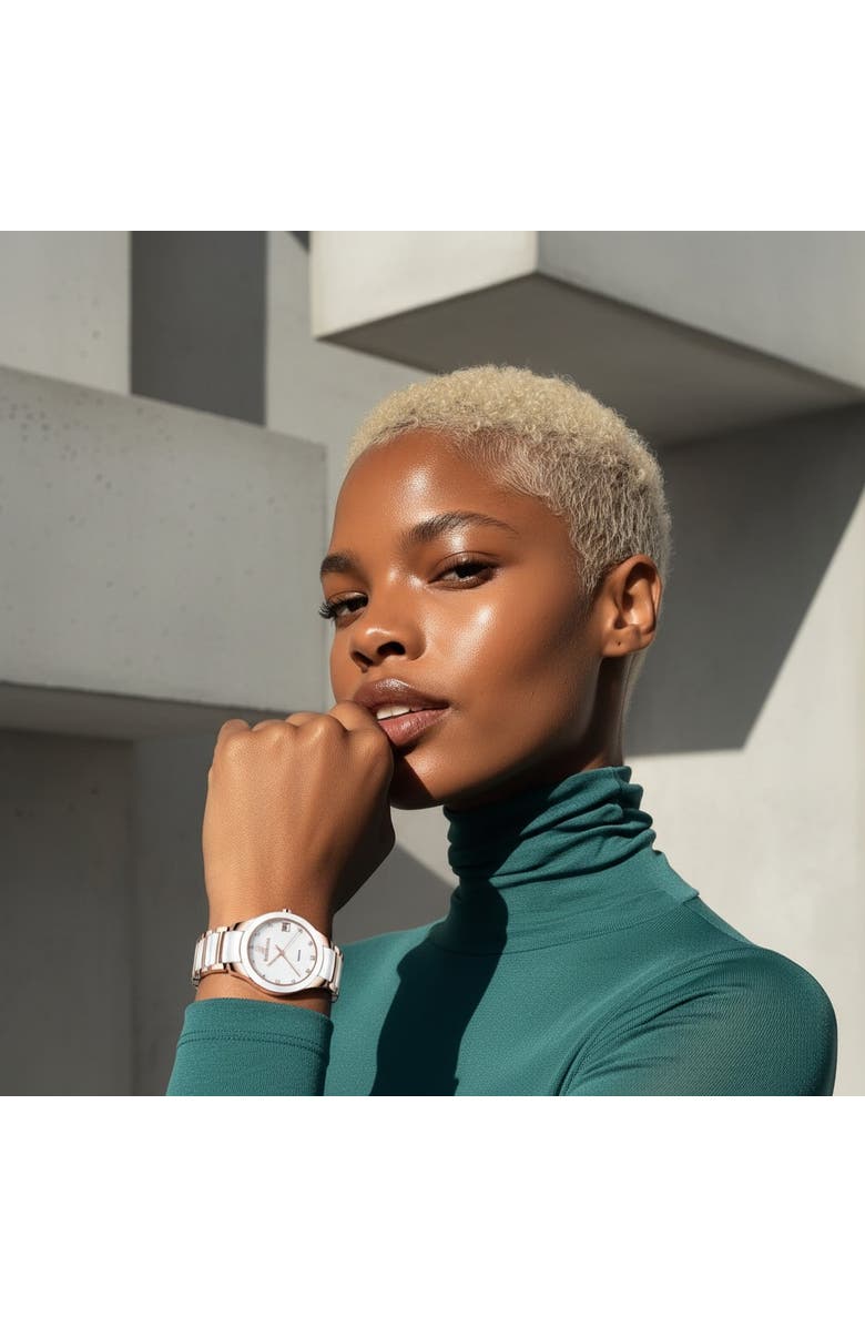 NCMPRBL Petite Link Butterscotch Quartz Movement Ceramic Bracelet Watch, 34MM, Alternate, color, White Brilliant, Rose Gold