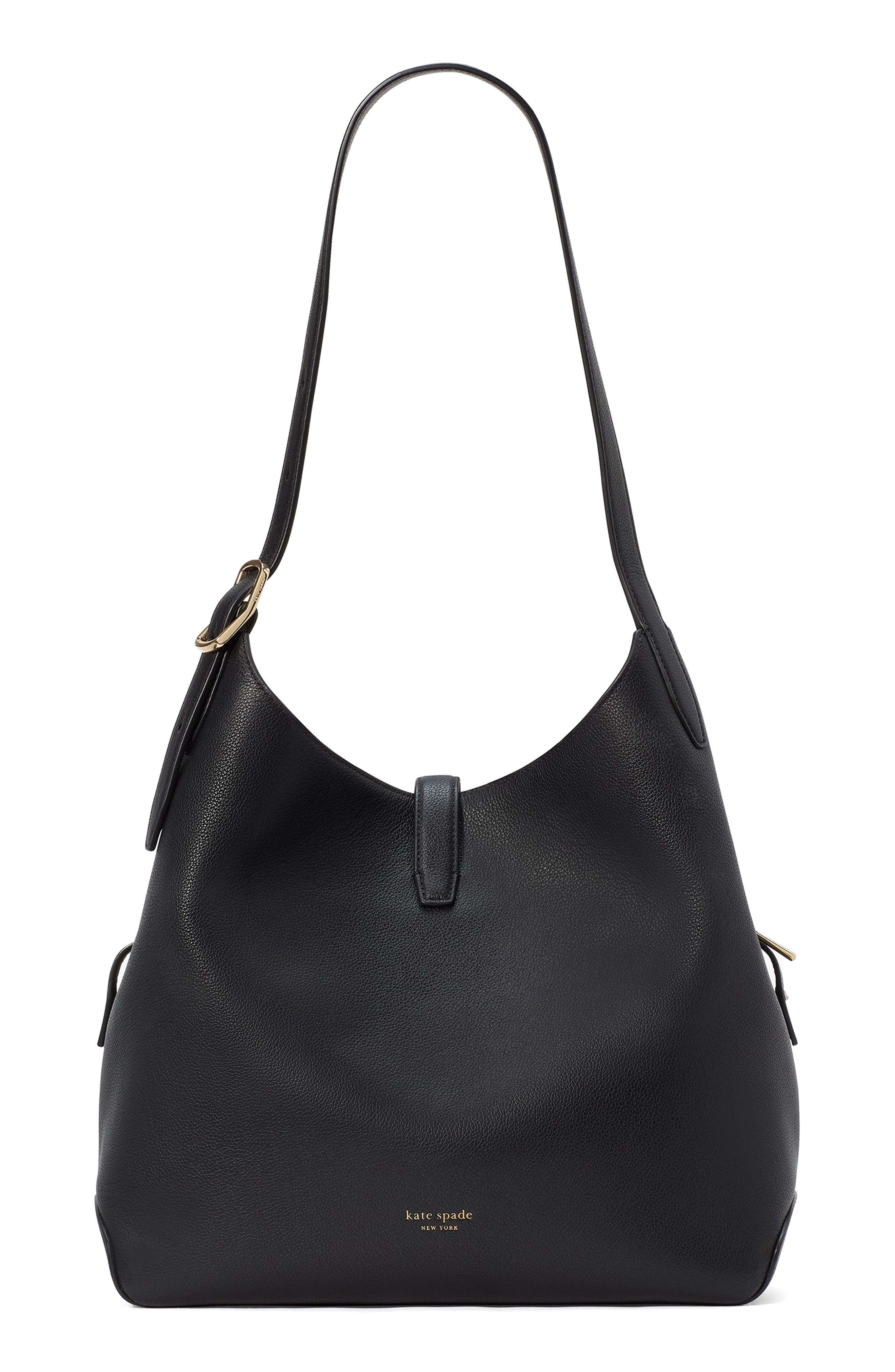 Kate Spade New York large deco pebbled leather shoulder bag, Alternate, color, Black
