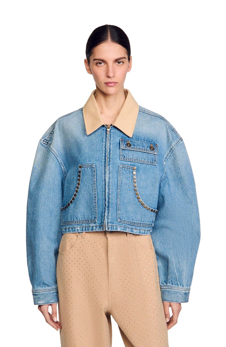 SANDRO Denim jacket with studs, Alternate, color,