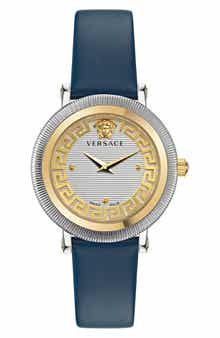 Versace Greca Flourish Two-Hand Quartz Leather Strap Watch, 35mm