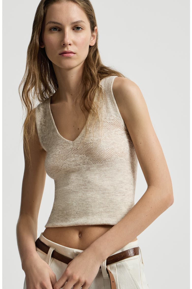 Silk, alpaca and wool flower lace knit top, Alternate, color, Sand