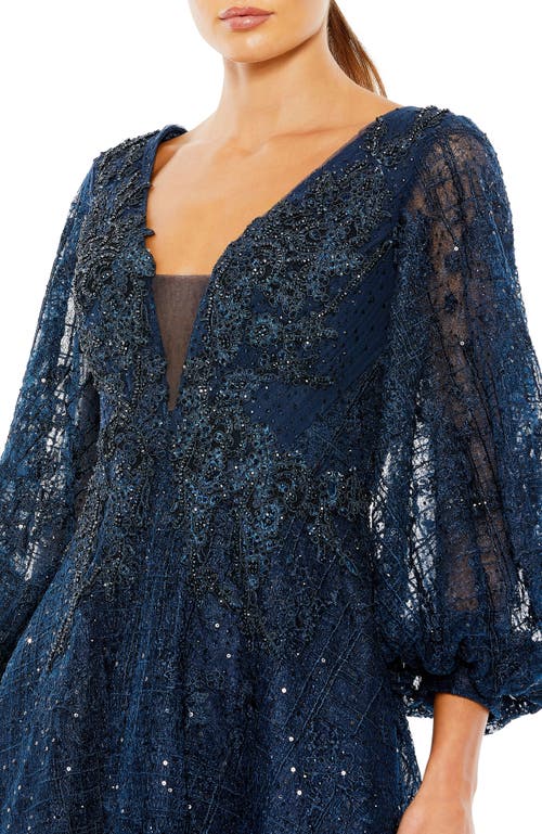 Mac Duggal Embellished Plunge Neck Bishop Sleeve Dress In Midnight