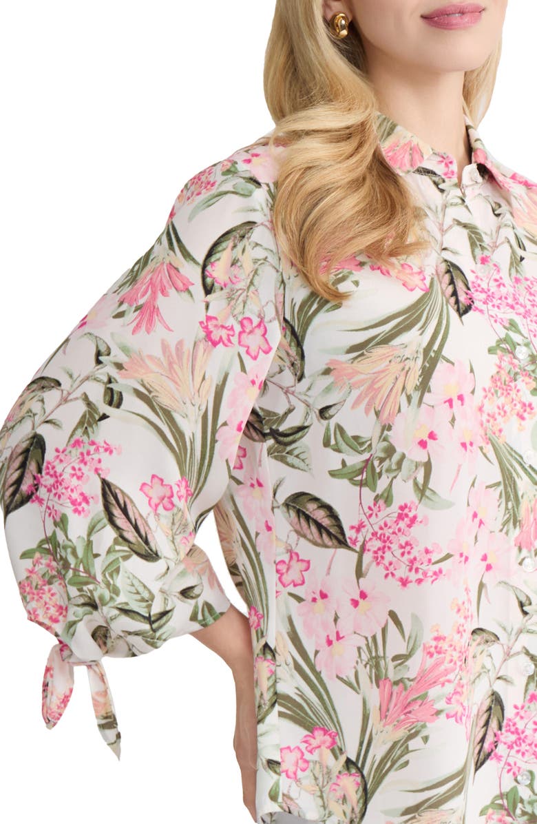Jones New York Floral Tie Sleeve Button-Up Shirt, Alternate, color, White Sand Multi