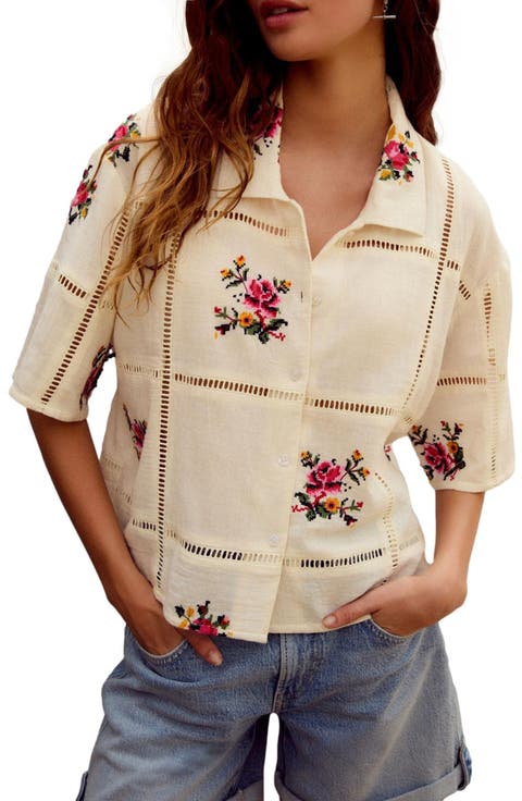 Floral Cross-Stitch Button-Up Shirt