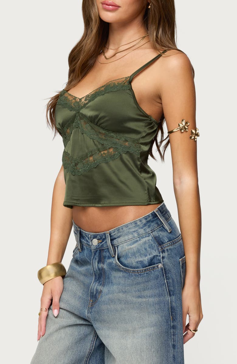 EDIKTED Tamar Lace Trim Satin Camisole, Alternate, color, Olive