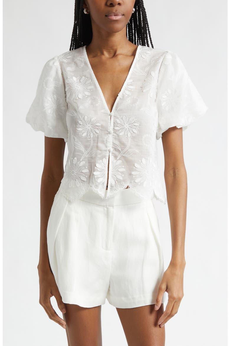Chrissie Embroidered Puff Sleeve Crop Top, Main, color, IVORY ORGANZA