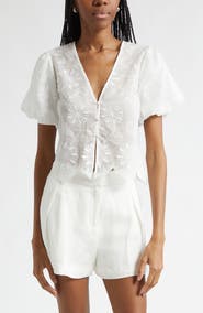 Ramy Brook Chrissie Embroidered Puff Sleeve Crop Top