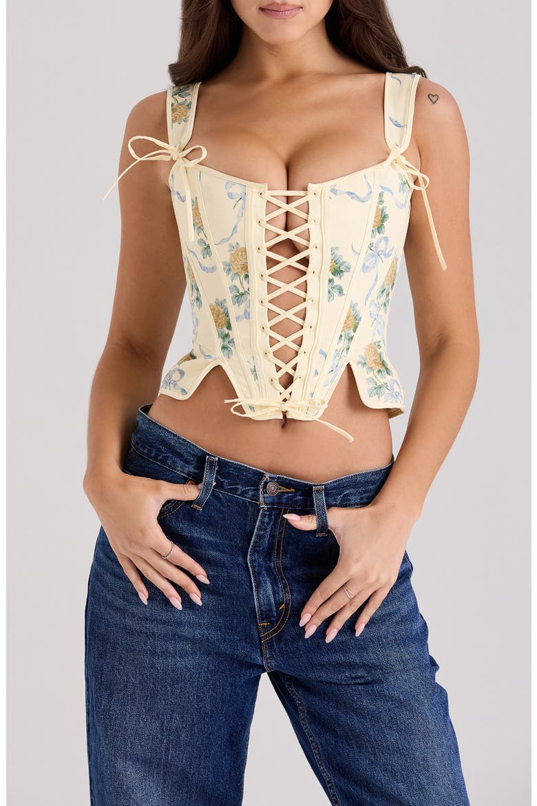 Callie Reversible Stretch Pima Cotton Corset Top, Main, color, YELLOW ROSE PRINT