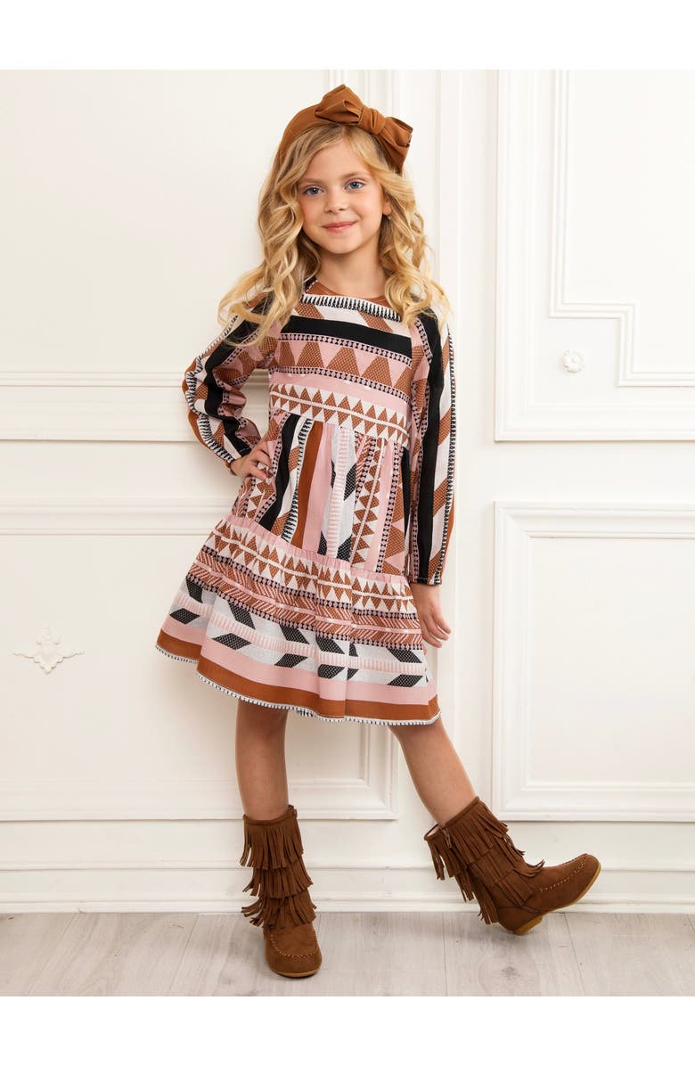 Mia Belle Girls Chic Boho Long Sleeve Fall Dress, Alternate, color, Brown