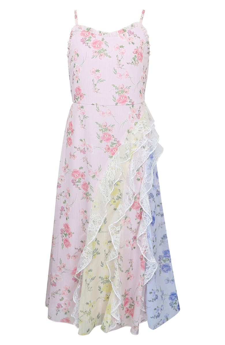 Zunie Kids' Ruffle Lace Trim Chiffon Party Dress, Main, color, Pink Multi