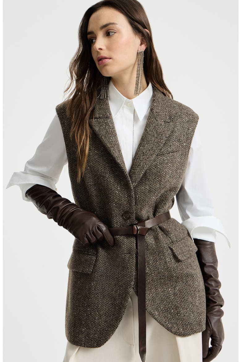 Sparkling virgin wool chevron vest with leather belt and monili, Alternate, color, Pine Cone Brown