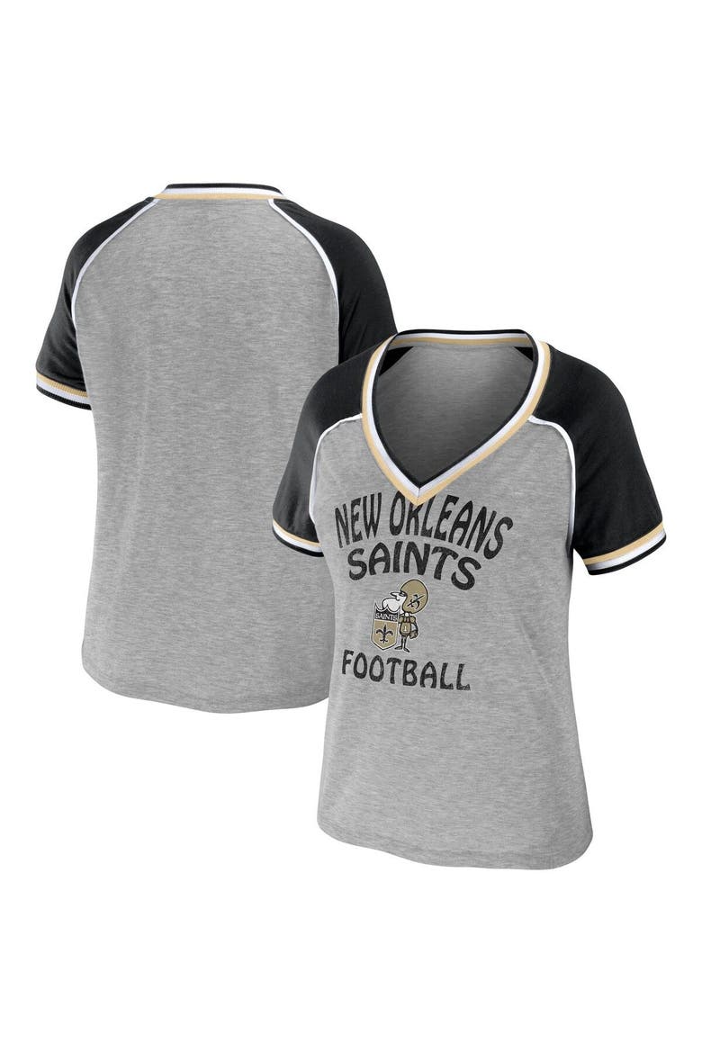 Women's WEAR by Erin Andrews Heather Gray New Orleans Saints  Throwback Raglan V-Neck T-Shirt, Main, color, Heather Gray