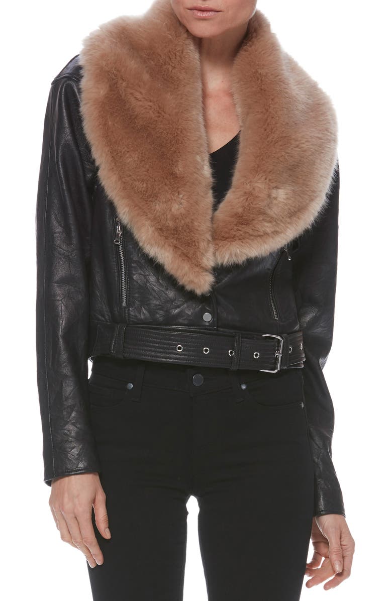 PAIGE Rizza Lambskin Leather Moto Jacket with Removable Faux Fur Collar, Main, color, 