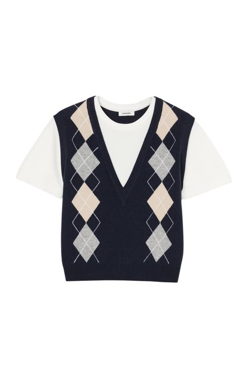 Sandro Argyle Layered Look Sweater Vest Top In Blue