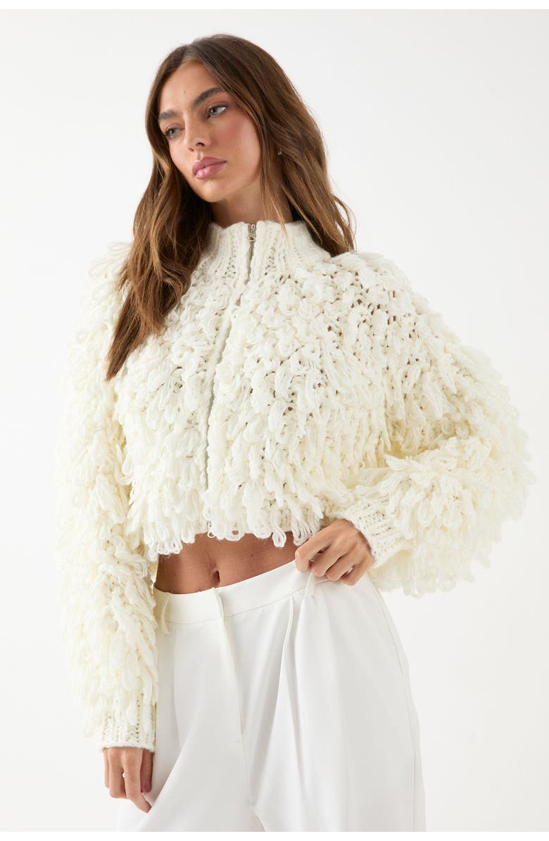 MissPap Zip Up Fringe Loop Cardigan, Main, color, Neutral