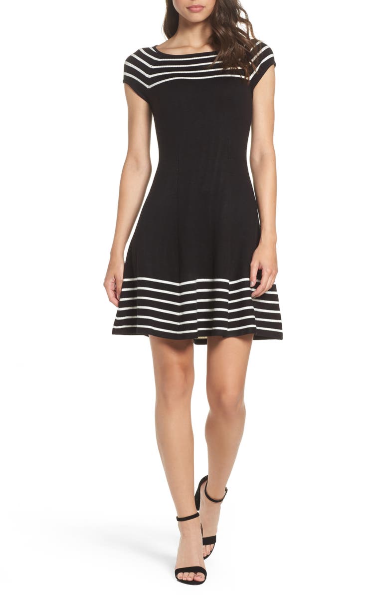 Eliza J Stripe Knit Flared Dress, Main, color, 