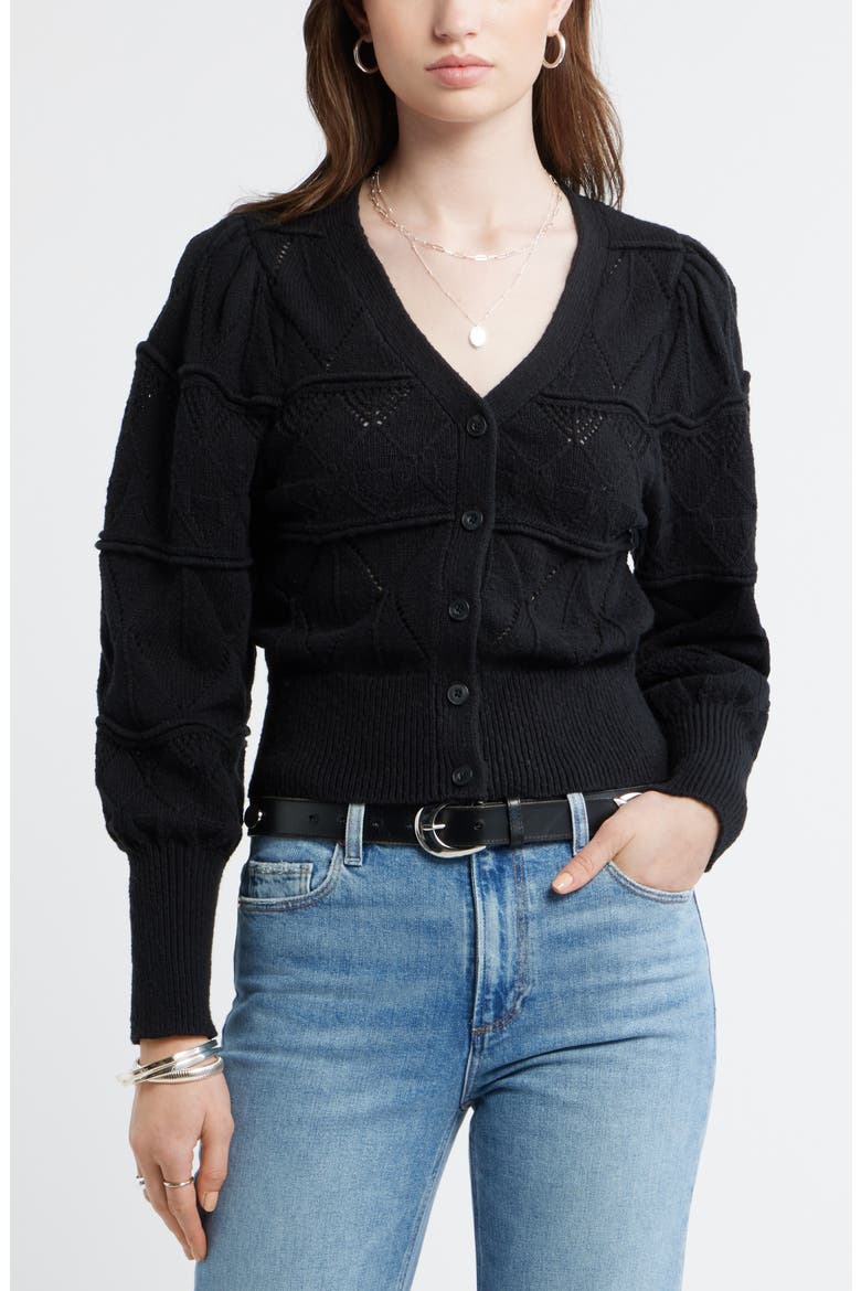 Pointelle Knit Button Front Cotton Cardigan, Main, color, BLACK