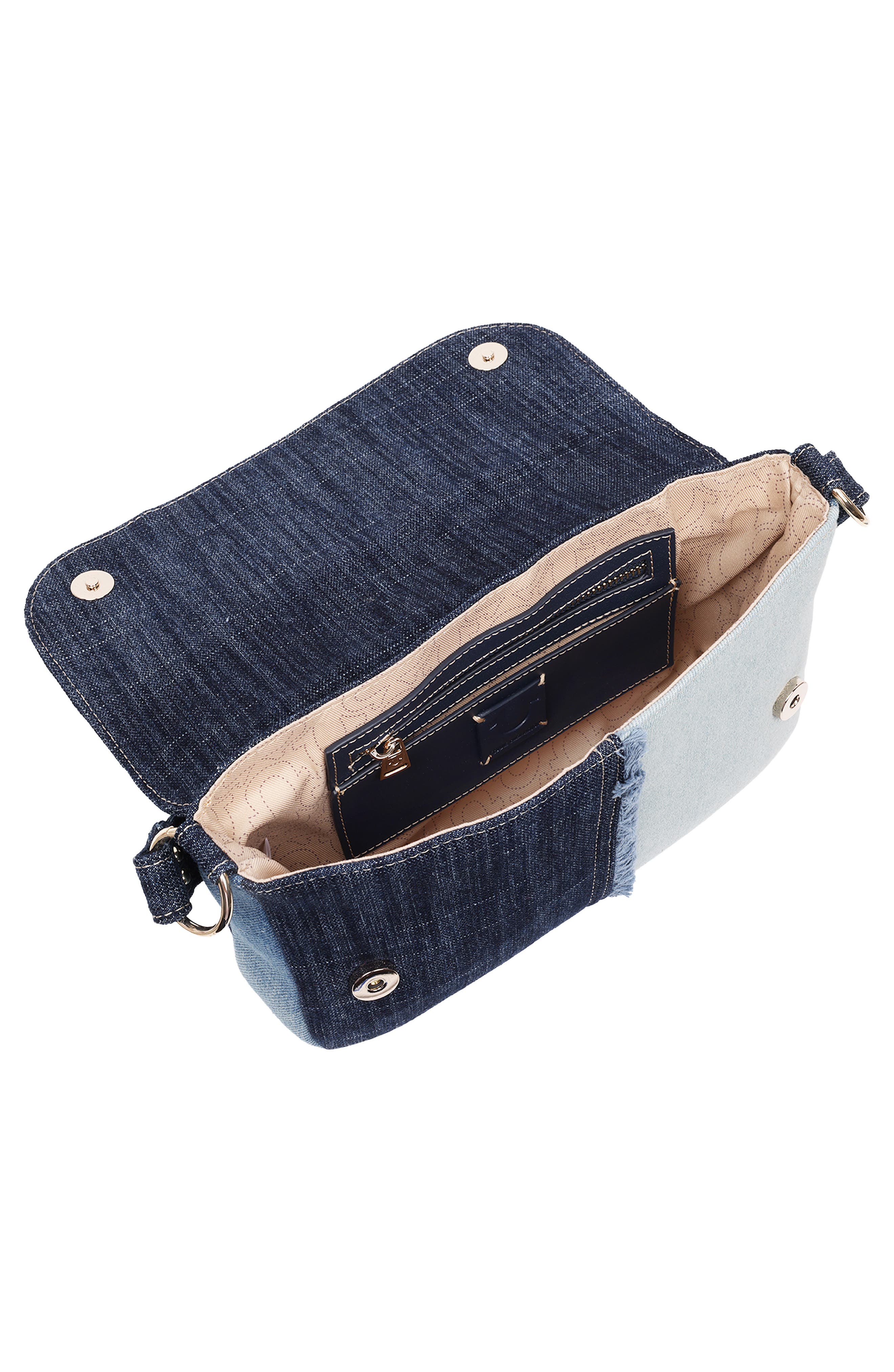 True Religion Frayed Denim Horseshoe Shoulder Bag, Alternate, color, Denim/ Blue