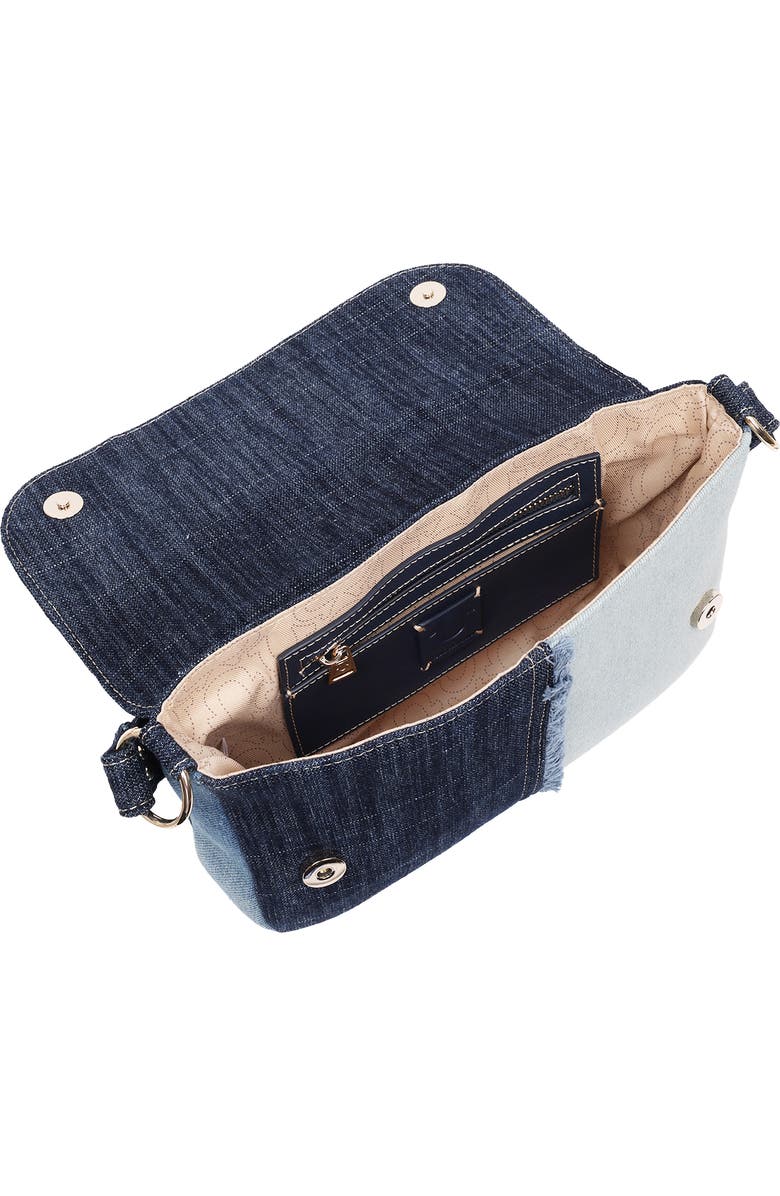 True Religion Frayed Denim Horseshoe Shoulder Bag, Alternate, color, Denim/ Blue