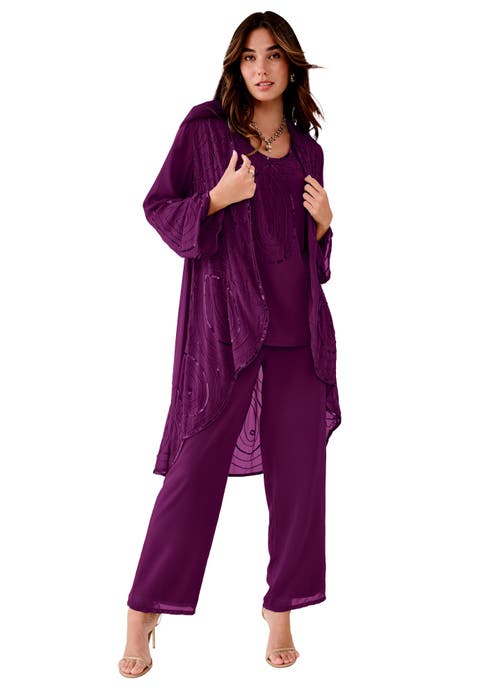 Plus Size Beaded Georgette Scoop Neck 3 Piece Pant Set