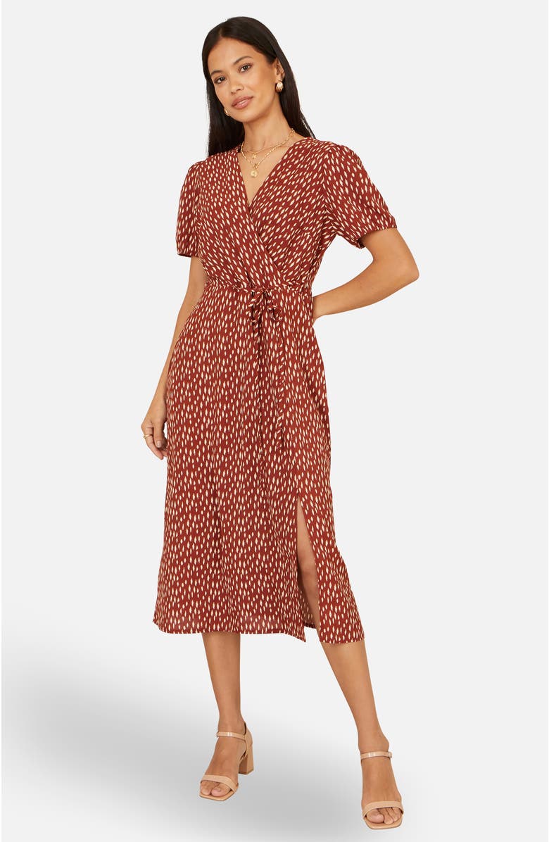 Yumi Spot Wrap Midi Dress, Main, color, Brown