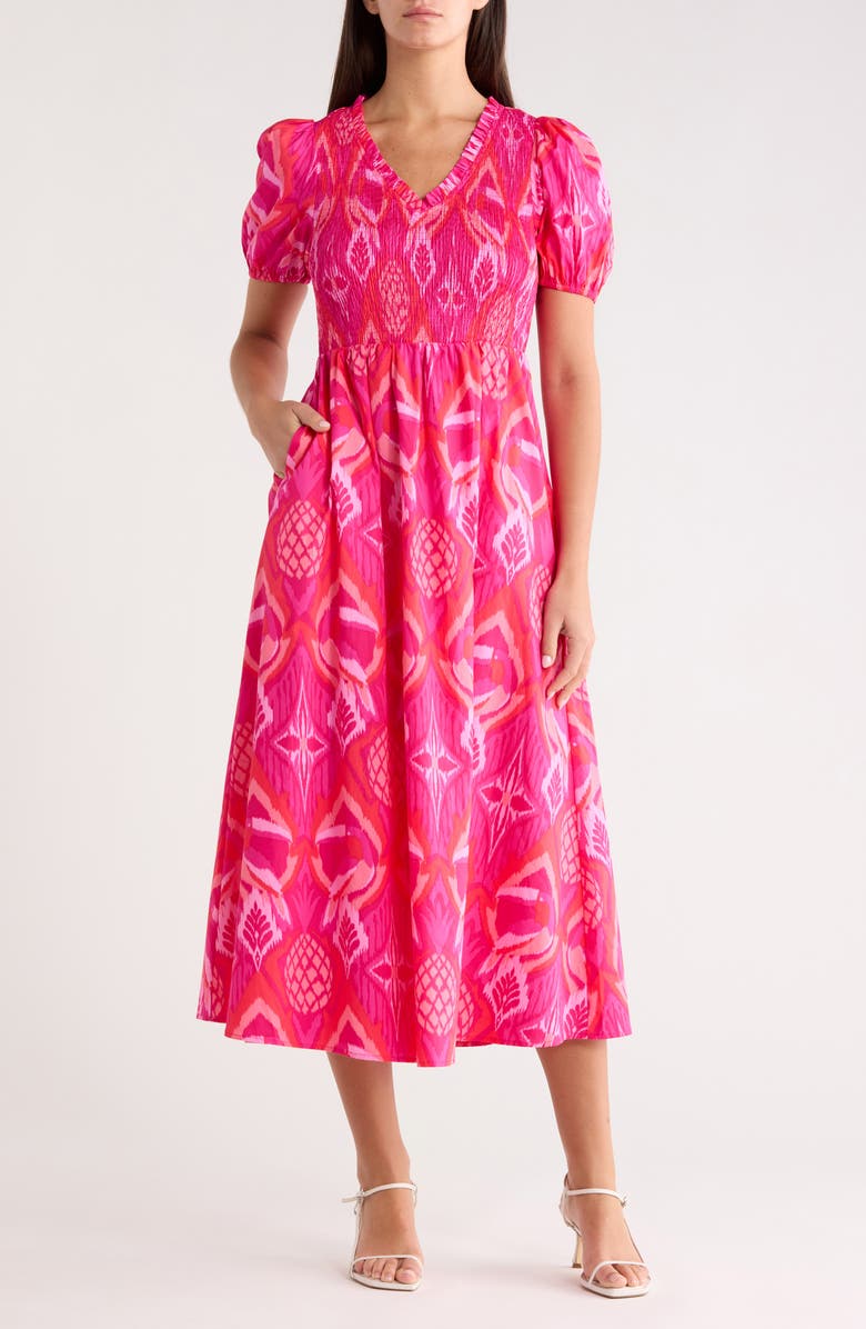 SUGARLIPS Prissa Ikat Brenty Smocked Midi Dress, Main, color, Magenta-Coral