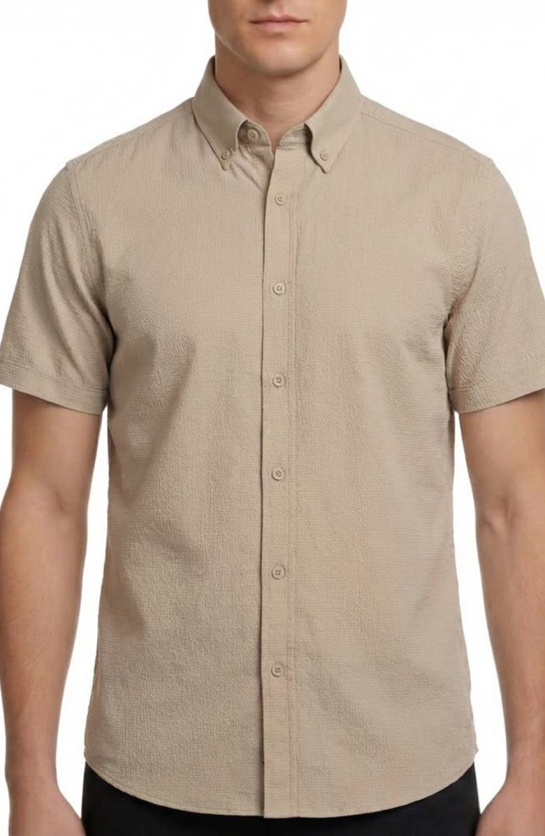 Report Collection Solid Short Sleeve Seersucker Button-Down Shirt, Main, color, Twill
