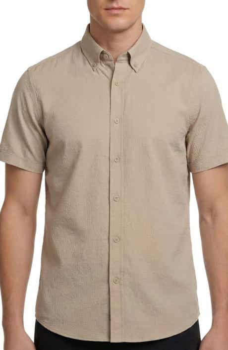Report Collection Solid Short Sleeve Seersucker Button-Down Shirt
