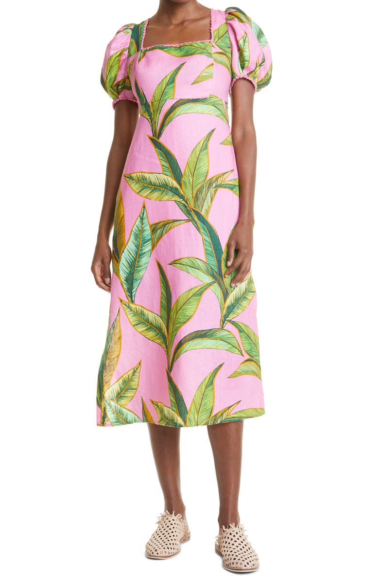 FARM Rio Pink Foliage Cross Back Linen Midi Dress, Main, color, 