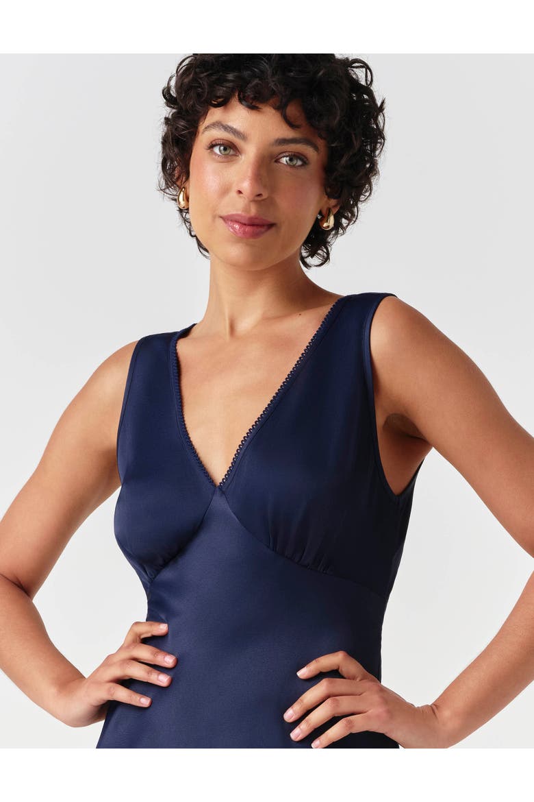 Alessia Picot V-neck Satin Midi Dress, Alternate, color, Navy