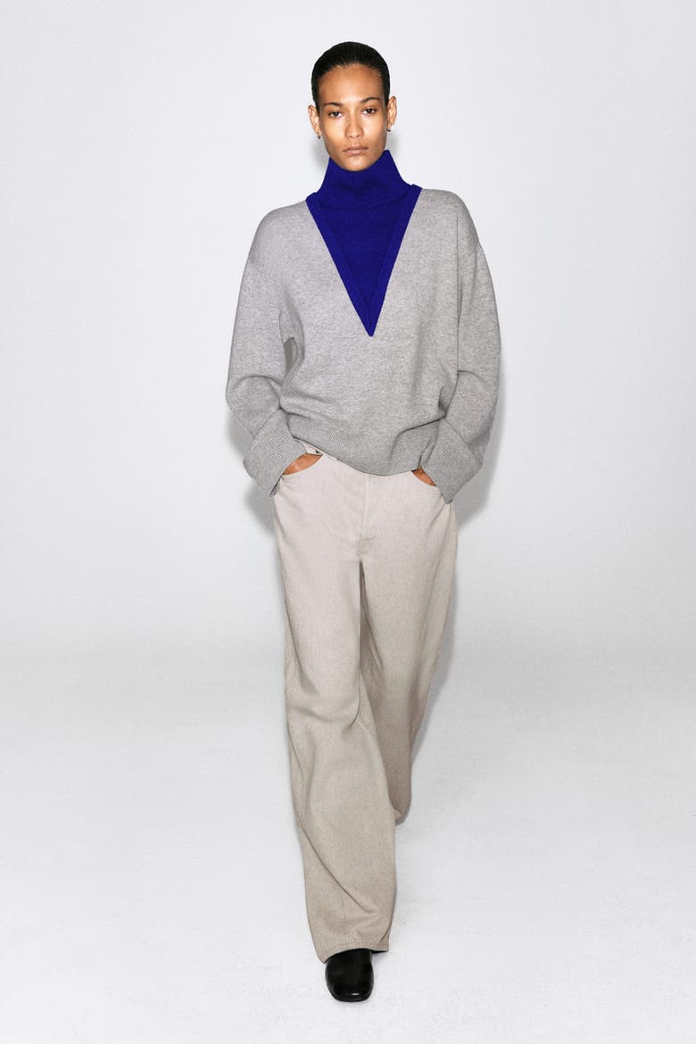 Layered Mock-Neck Merino Wool Sweater, Alternate, color, GRAY / COBALT