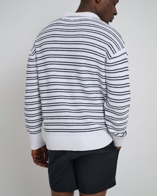 Onia Cotton Linen Textured Long Sleeve Polo In White/deep Navy