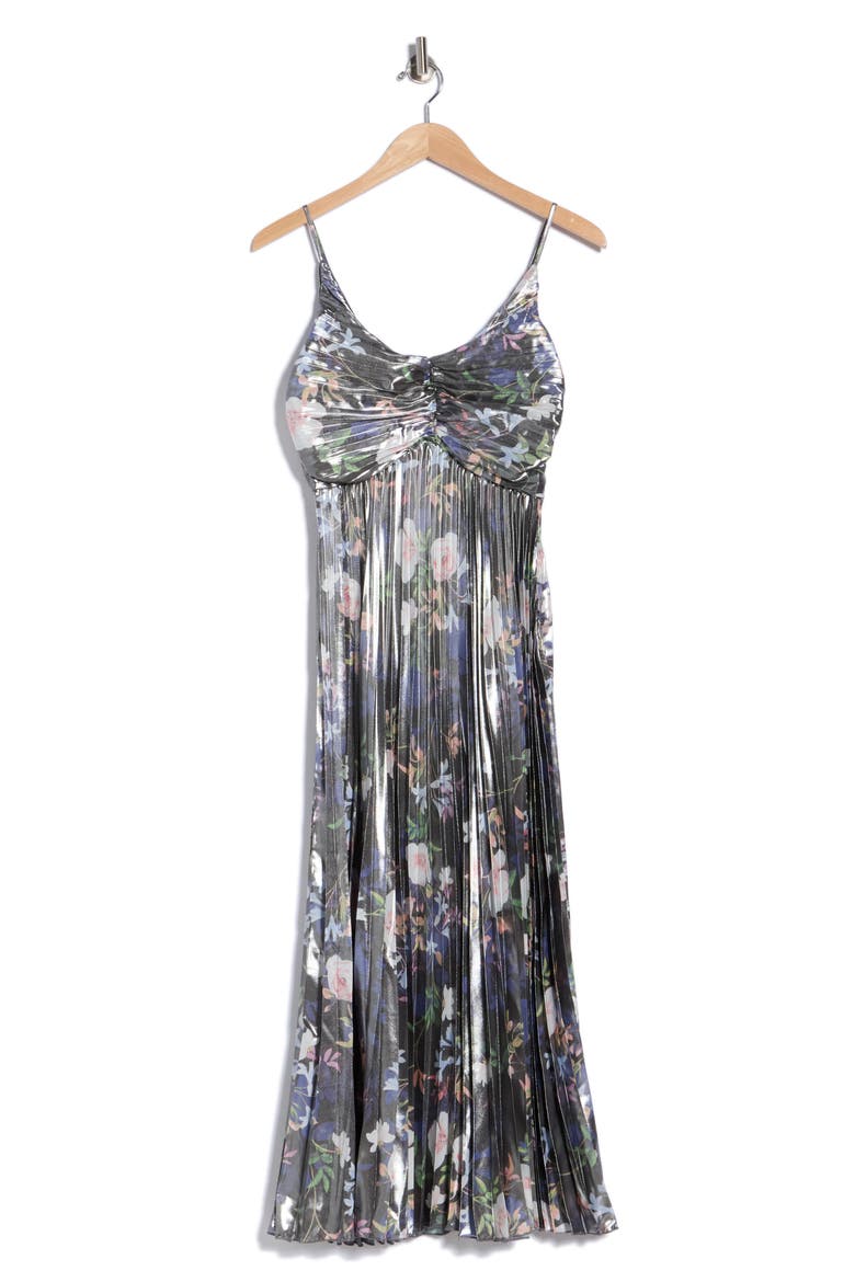 Metallic Floral Empire Waist Pleated Midi Dress, Alternate, color, SPRING BLACK METALLIC