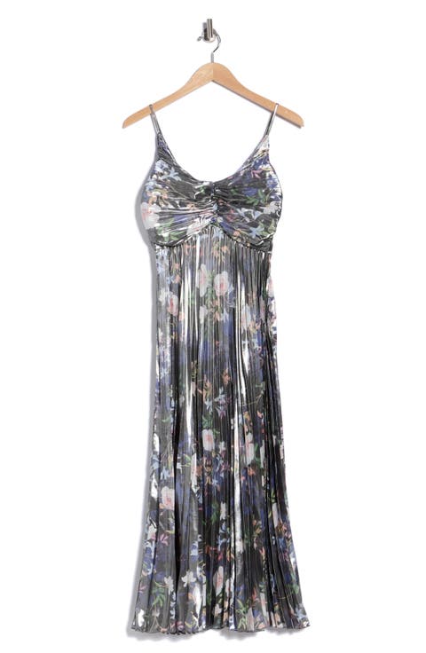Metallic Floral Empire Waist Pleated Midi Dress