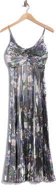 Nicole Miller Metallic Floral Empire Waist Pleated Midi Dress