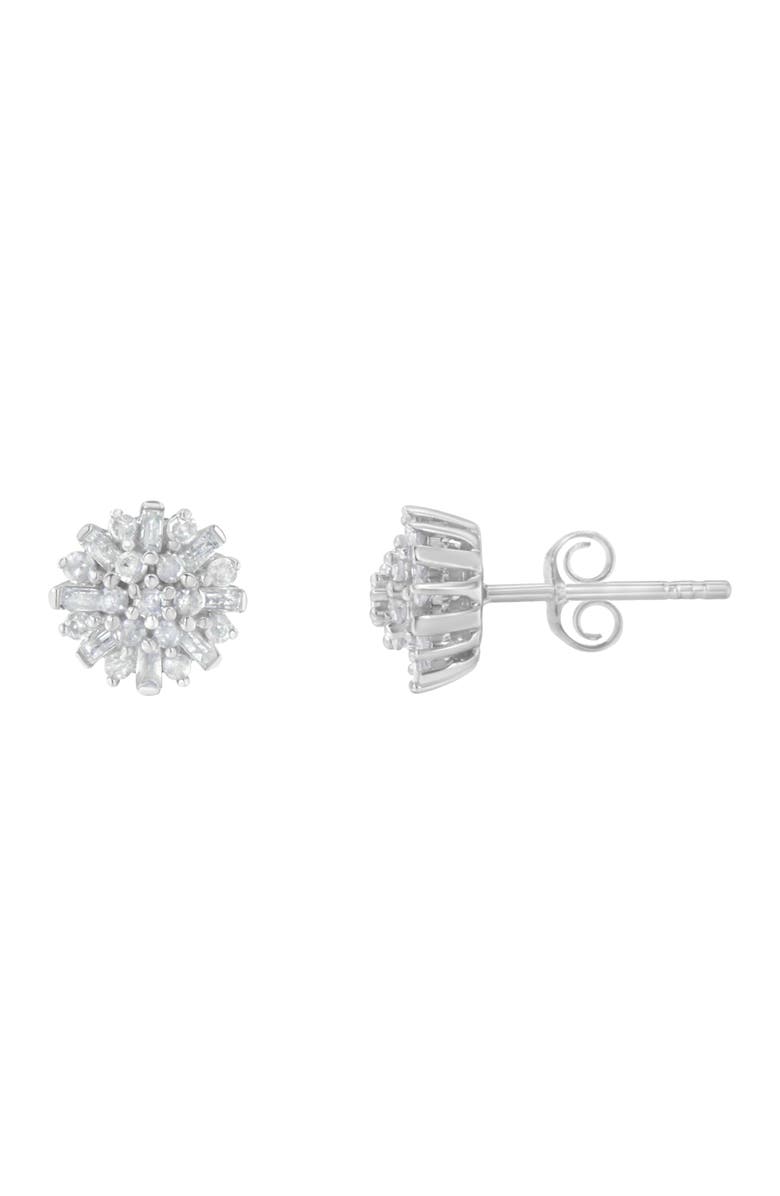 Haus of Brilliance Silver 1/2 Round and Baguette Diamond Sunburst Floral Cluster Stud Earrings, Alternate, color, White