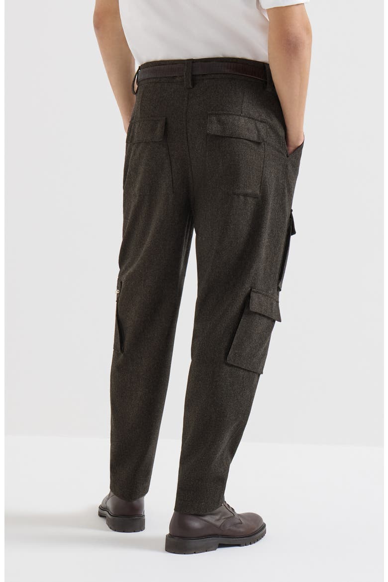 Virgin wool flannel trousers with cargo pockets and waist tabs, Alternate, color, Brown